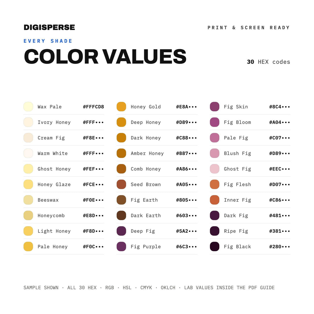 Fig & Honey Color Palette | 30 Colors | Hex RGB CMYK | Procreate Swatches + ASE | Digital Download