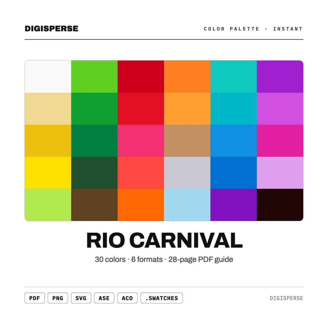 Rio Carnival Color Palette | 30 Colors | Hex RGB CMYK | Color Guide | Procreate Swatches + ASE | Digital Download
