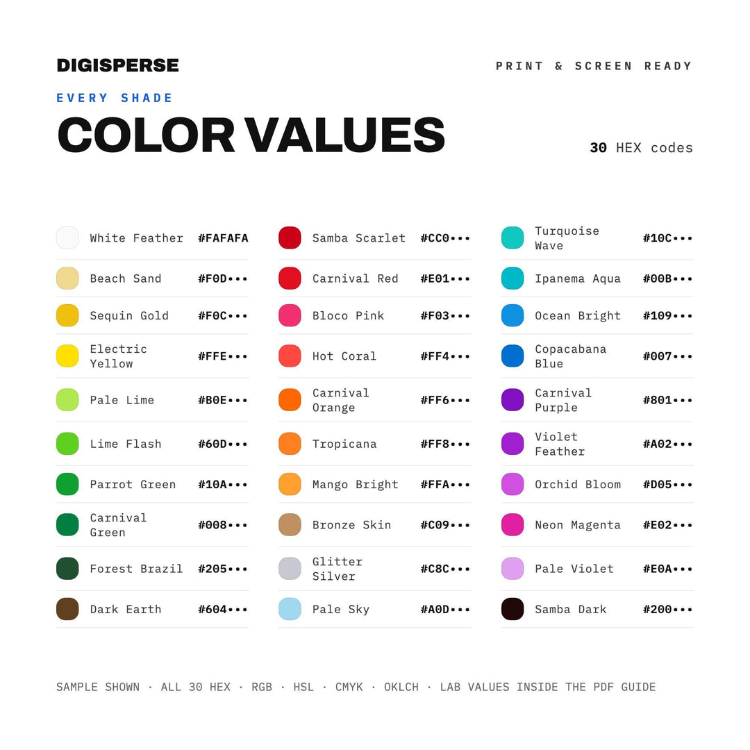 Rio Carnival Color Palette | 30 Colors | Hex RGB CMYK | Color Guide | Procreate Swatches + ASE | Digital Download