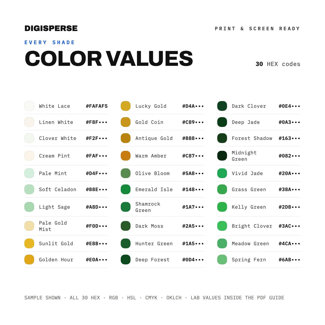St Patricks Day Green Color Palette | 30 Procreate Swatches, ASE (Digital Download)