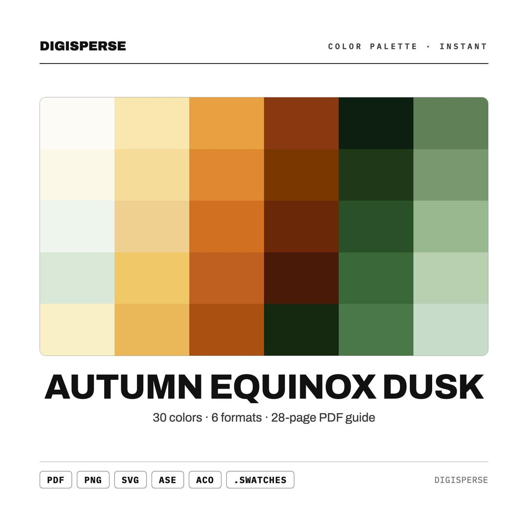 Warm Golden Color Palette for Fall Equinox Art and Cozy Twilight Branding, 30 Autumn Dusk Hues, Procreate Swatches