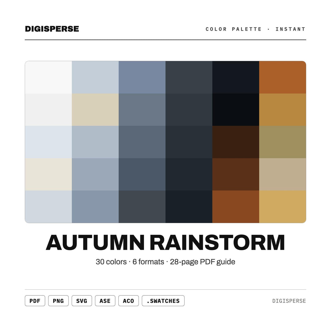 Moody Grey Color Palette for Rainy Fall Art and Cozy Atmospheric Branding, 30 Autumn Storm Hues, Procreate Swatches