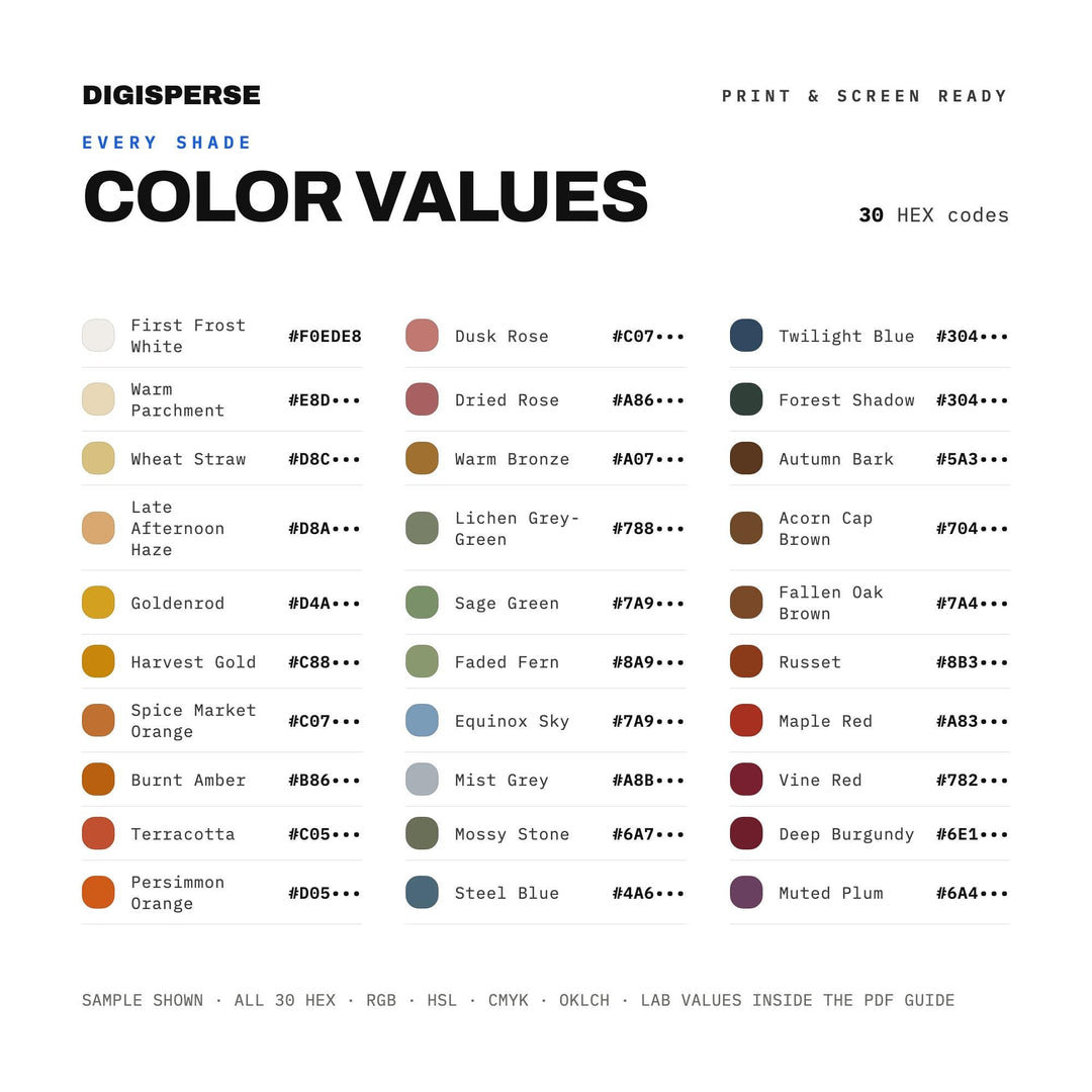 First Day of Autumn Color Palette | 30 Procreate Swatches, HEX, RGB, CMYK (Digital Download)