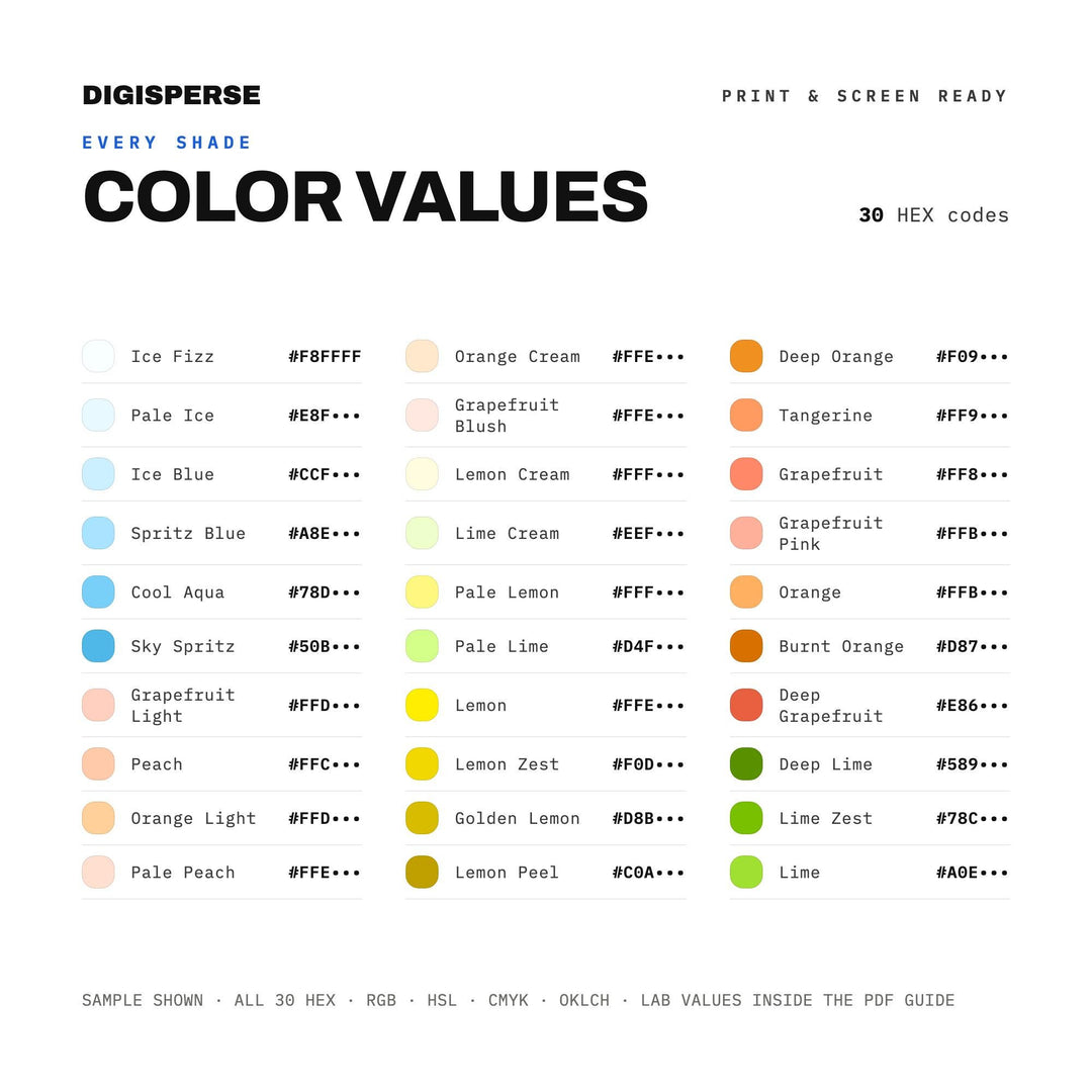 Citrus Spritz Color Palette | 30 Colors | Hex RGB CMYK | Procreate Swatches + ASE | Digital Download