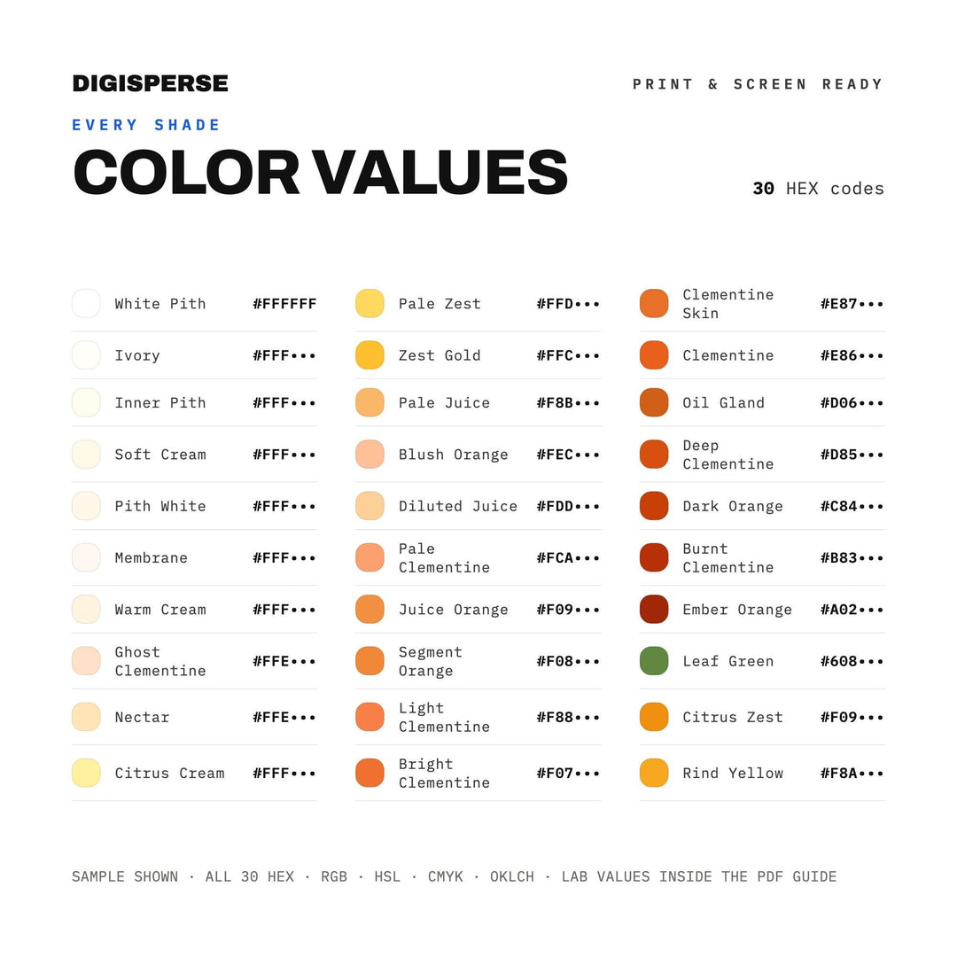 Clementine Color Palette | 30 Procreate Swatches, HEX, RGB, CMYK (Digital Download)