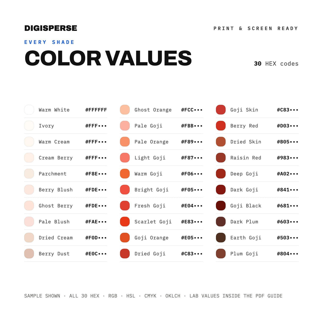 Goji Berry Color Palette | 30 Procreate Swatches, ASE Guide (Digital Download)