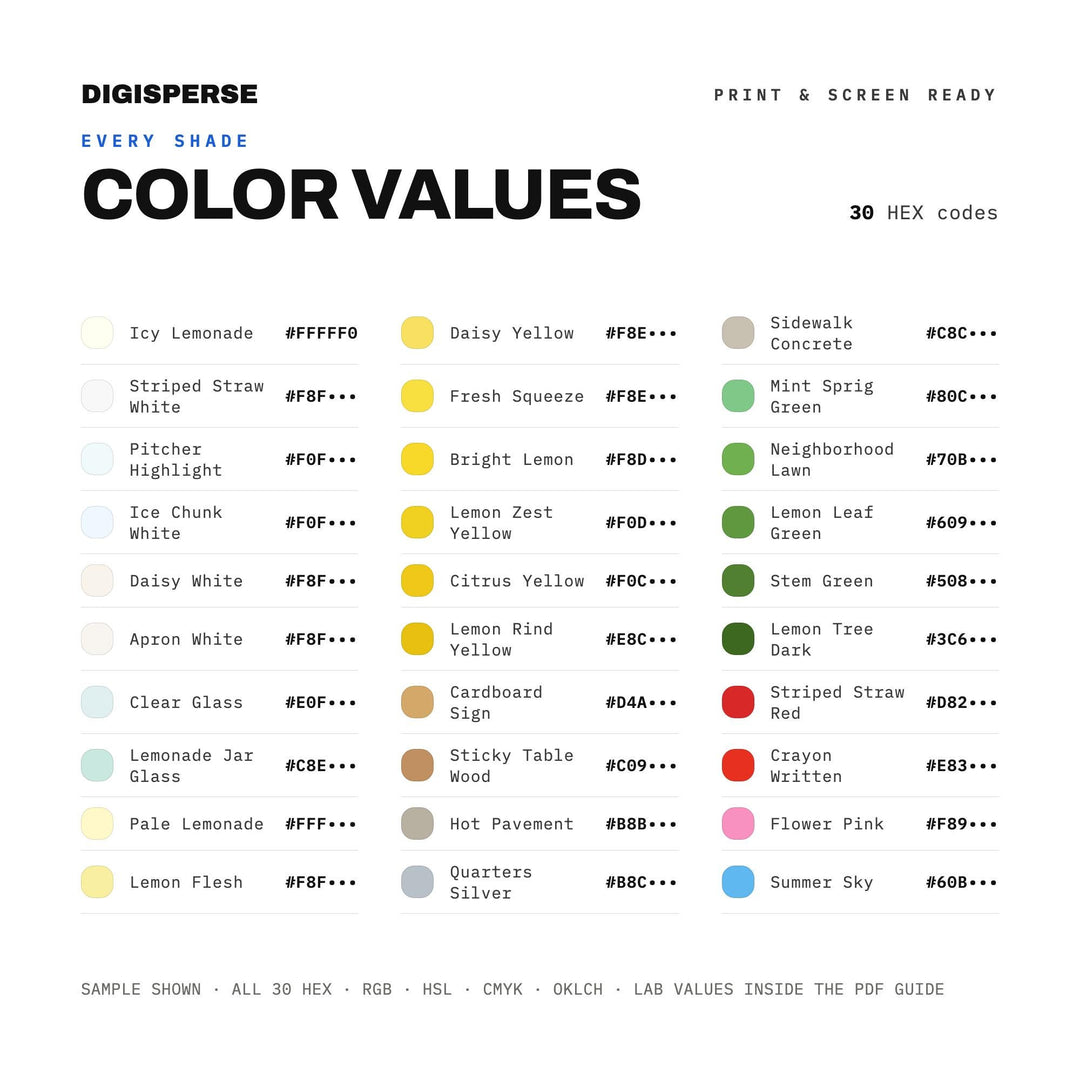 Lemonade Stand Color Palette | 30 Colors | Hex RGB CMYK | Procreate Swatches + ASE | Digital Download