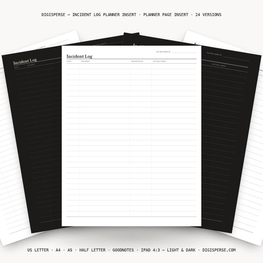 Incident Log printable planner insert — main preview