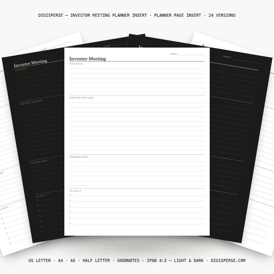 Investor Meeting printable planner insert — main preview