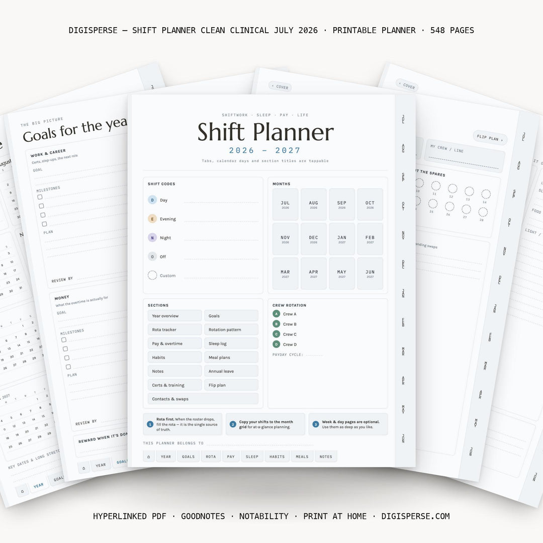 Nurse Shift Planner July 2026 - June 2027 | Clean Clinical Digital PDF, 548 Pages | Rotation, Pay + Sleep Trackers | 3 Week Starts