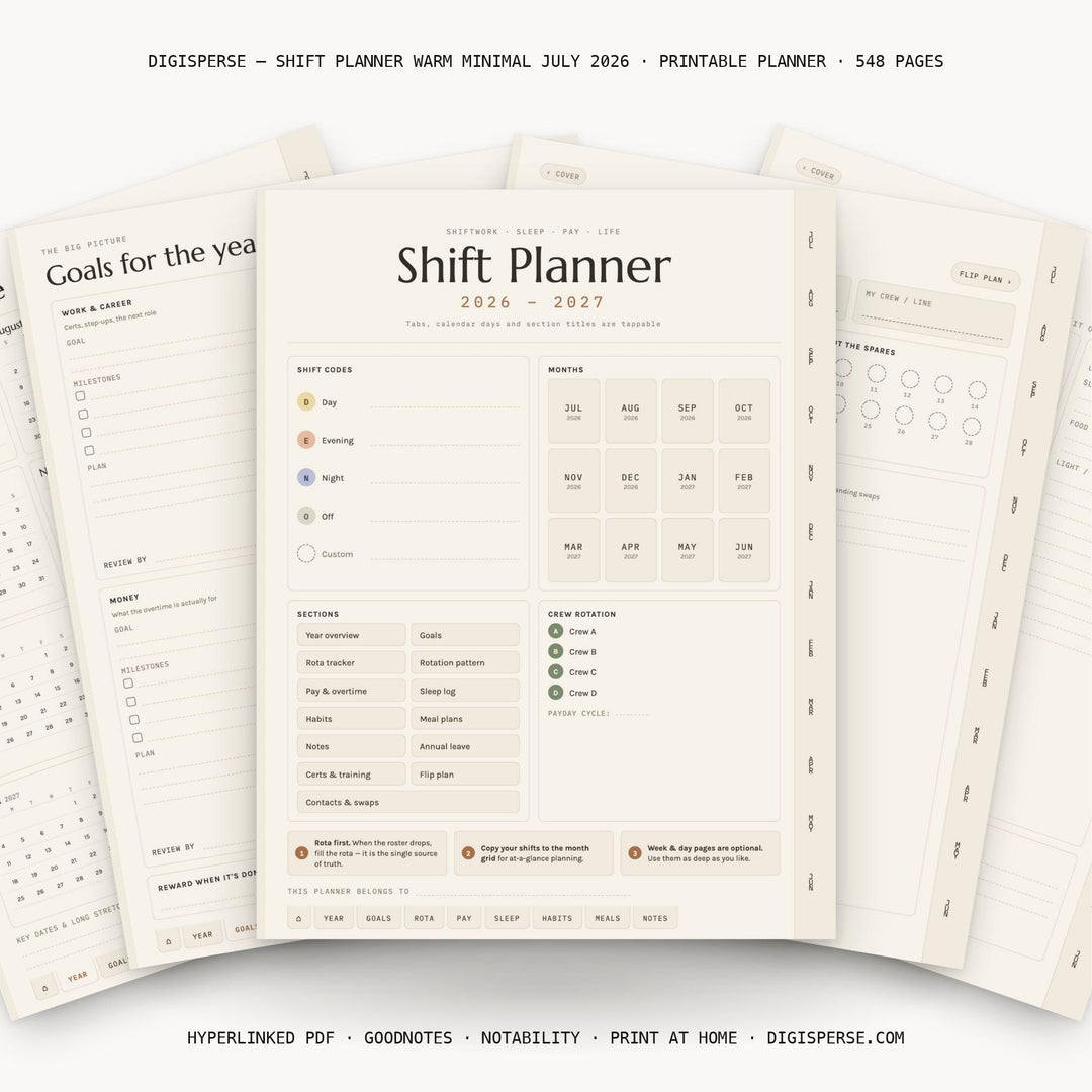 Shift Work Planner July 2026 - June 2027 | Warm Minimal Digital PDF, 548 Pages | Rotation, Pay + Sleep Trackers | 3 Week Starts Included