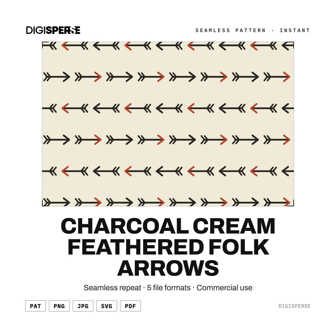 Charcoal Cream Feathered Folk Arrows seamless pattern set — main preview