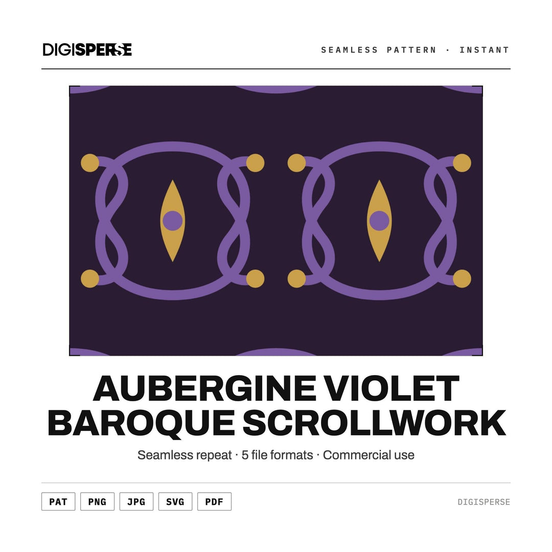 Surface Pattern Design | Aubergine Violet Baroque Scrollwork | Digital Paper Fabric Wallpaper