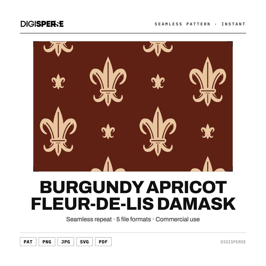 Surface Pattern Design | Burgundy Apricot Fleur-de-Lis Damask | Digital Paper Fabric Wallpaper