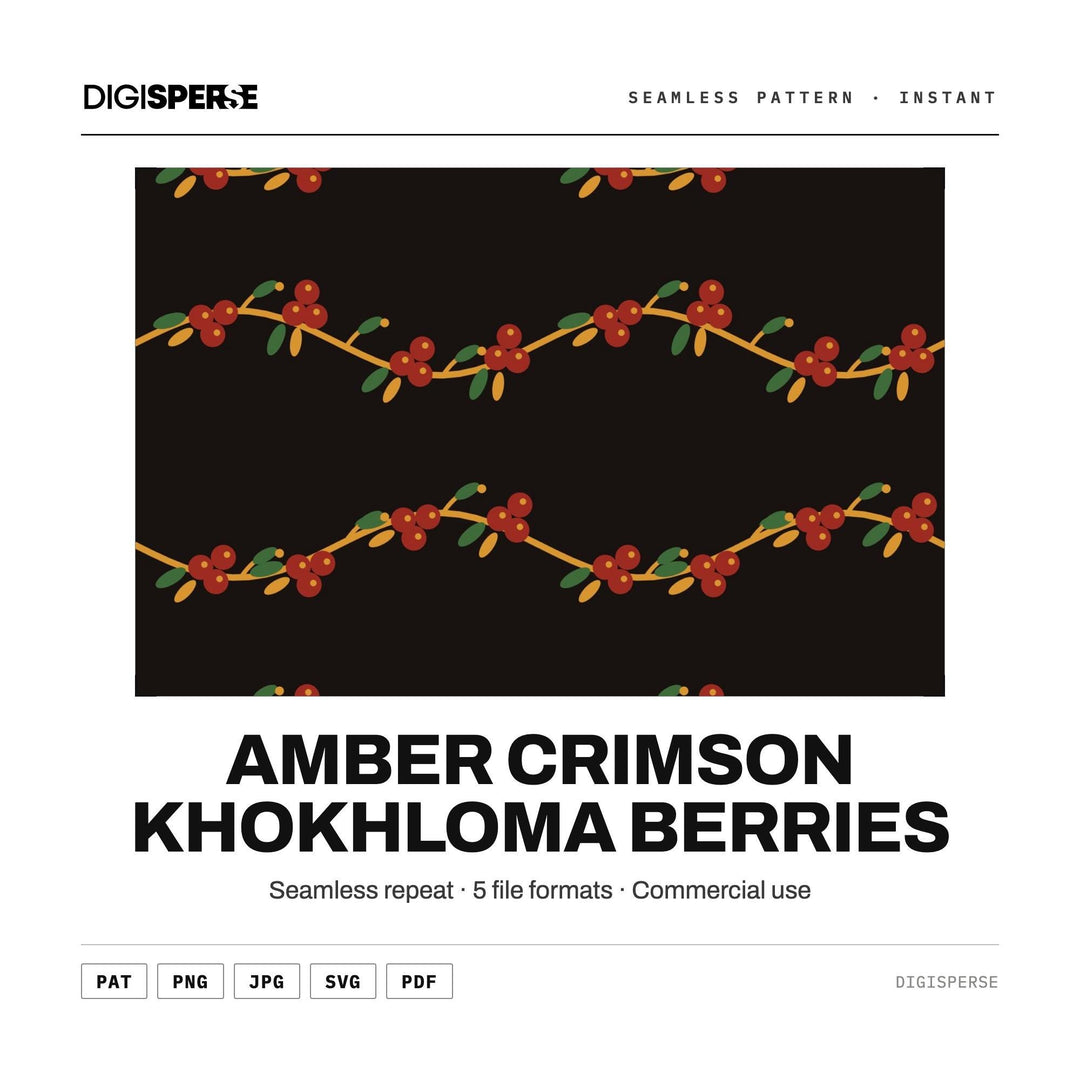 Surface Pattern Design | Amber Crimson Khokhloma Berries | Digital Paper Fabric Wallpaper