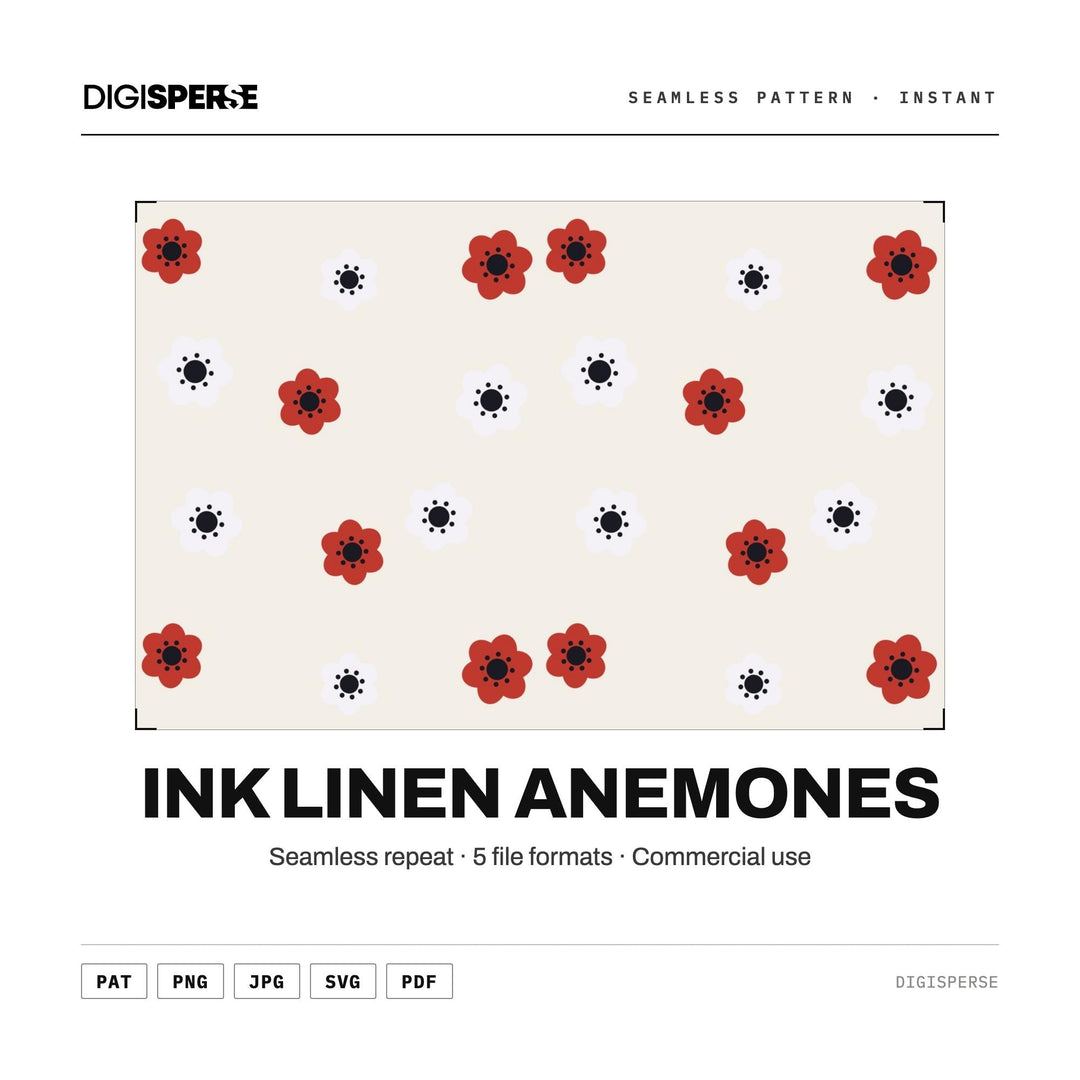 Seamless Digital Paper | Ink Linen Anemones | Fabric Wallpaper | PNG SVG PDF
