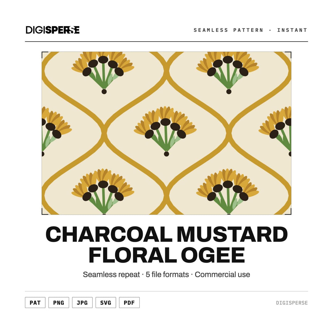 Surface Pattern Design | Charcoal Mustard Floral Ogee | Digital Paper Fabric Wallpaper