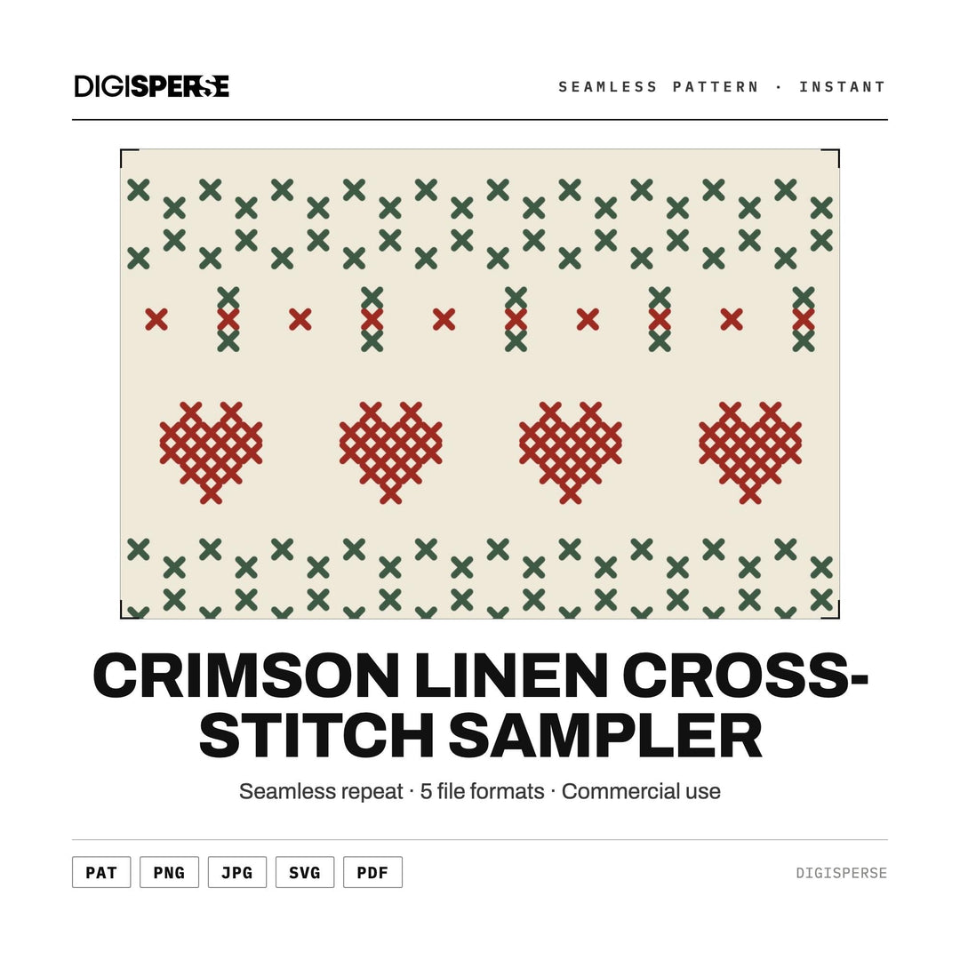 Surface Pattern Design | Crimson Linen Cross-Stitch Sampler | Digital Paper Fabric Wallpaper