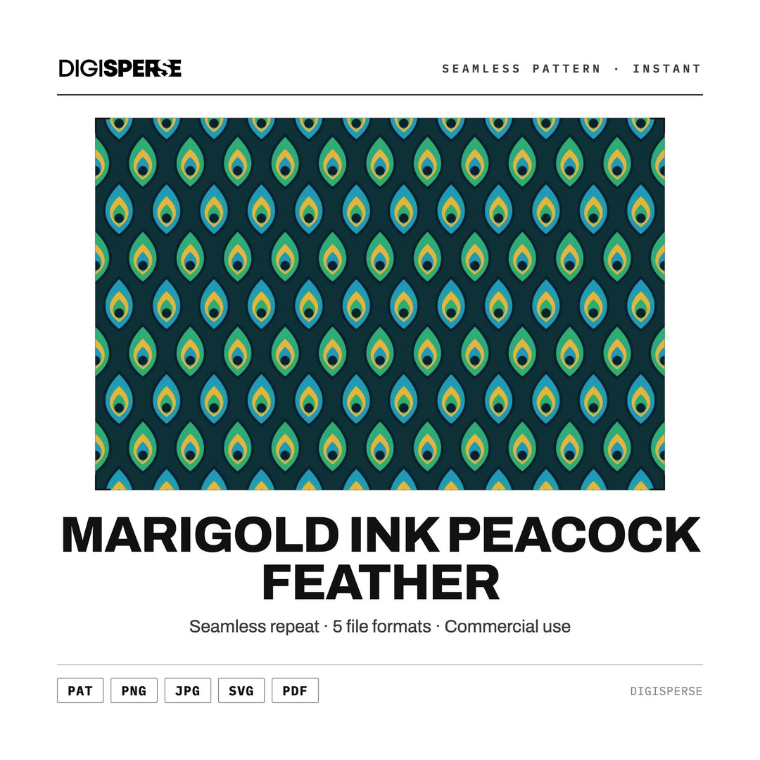 Seamless Digital Paper | Marigold Ink Peacock Feather | Fabric Wallpaper | PNG SVG PDF