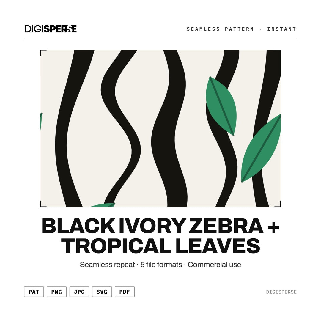 Seamless Pattern | Black Ivory Zebra + Tropical Leaves | Digital Paper Fabric Wallpaper