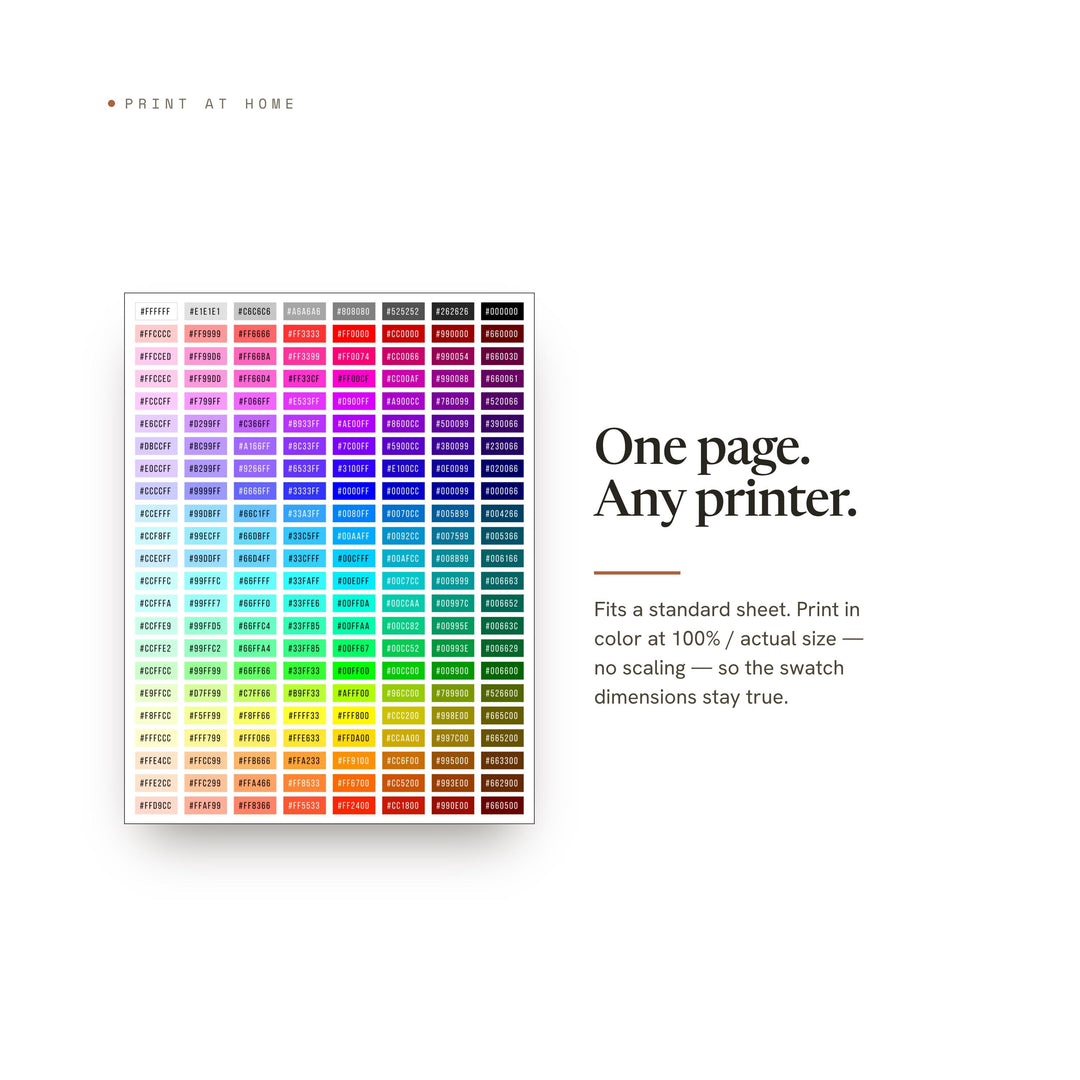 The hex color chart printed on one standard sheet of paper