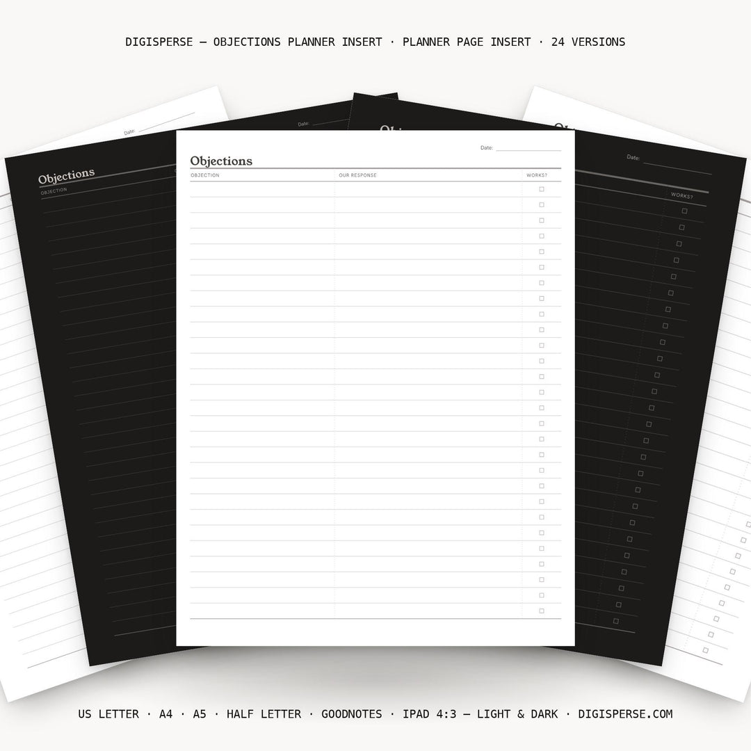 Objections printable planner insert — main preview