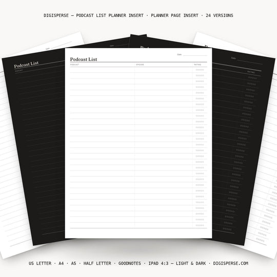 Podcast List printable planner insert — main preview