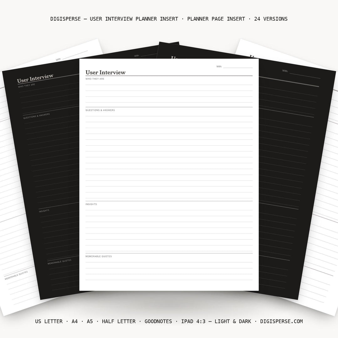 User Interview printable planner insert — main preview
