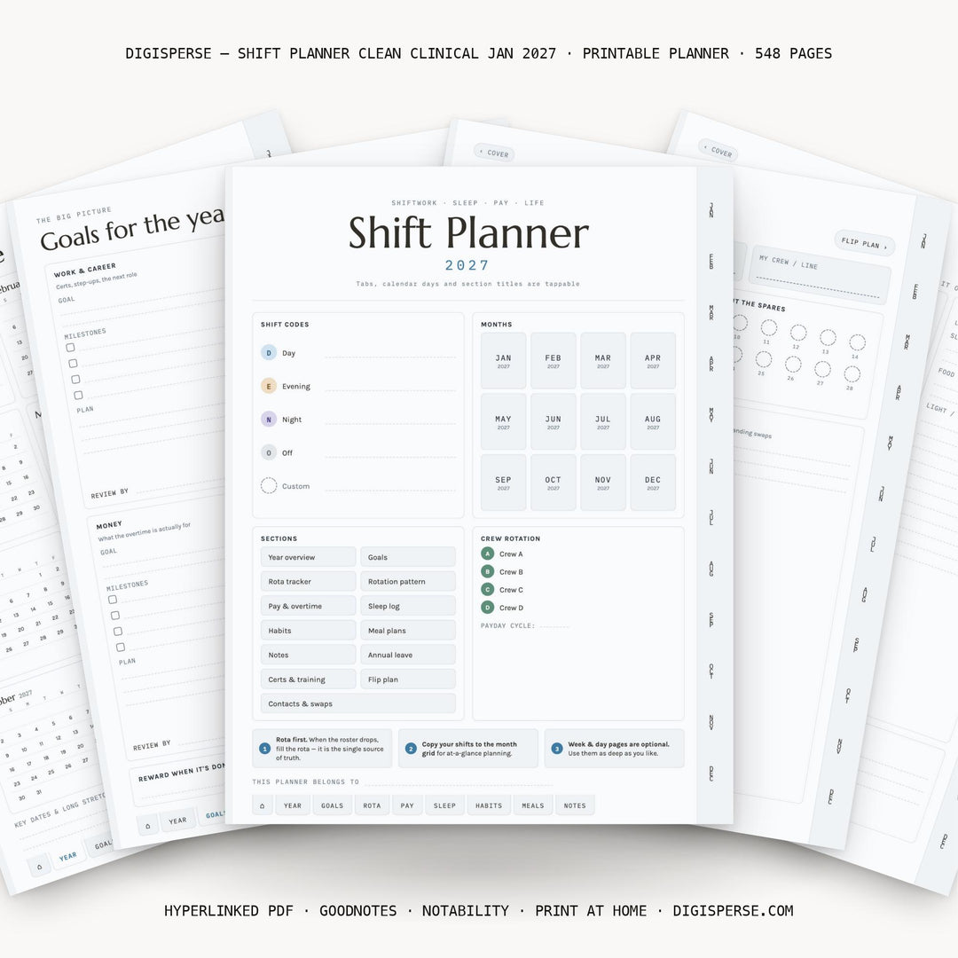 Nurse Shift Planner 2027 Dated | Clinical Rotation, Pay, Sleep Trackers (Digital PDF)
