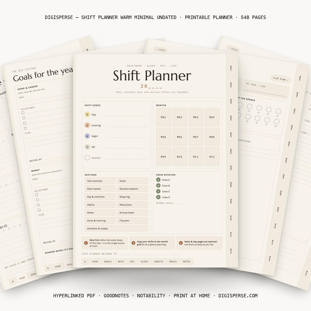 Undated Shift Work Planner | Warm Minimal Digital PDF, 548 Hyperlinked Pages | Rotation, Pay + Sleep Trackers | Reusable for Any Year