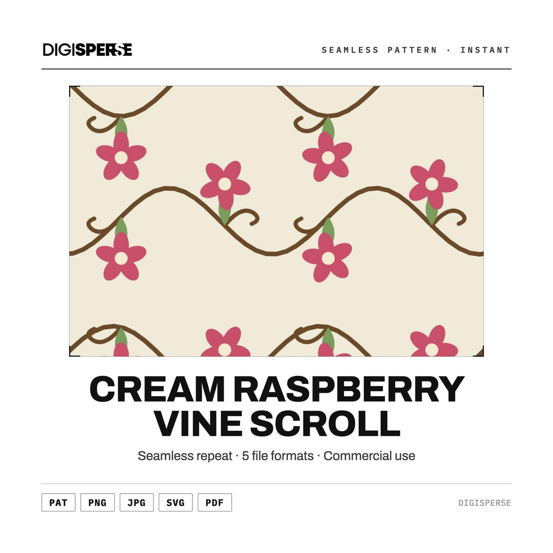 Seamless Digital Paper | Cream Raspberry Vine Scroll | Fabric Wallpaper | PNG SVG PDF