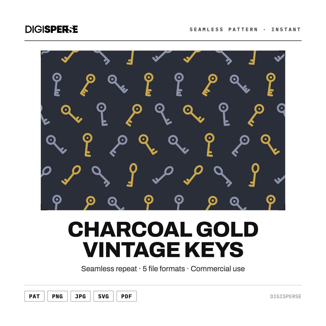 Digital Scrapbook Paper | Charcoal Gold Vintage Keys | Fabric Wallpaper | PNG SVG PDF