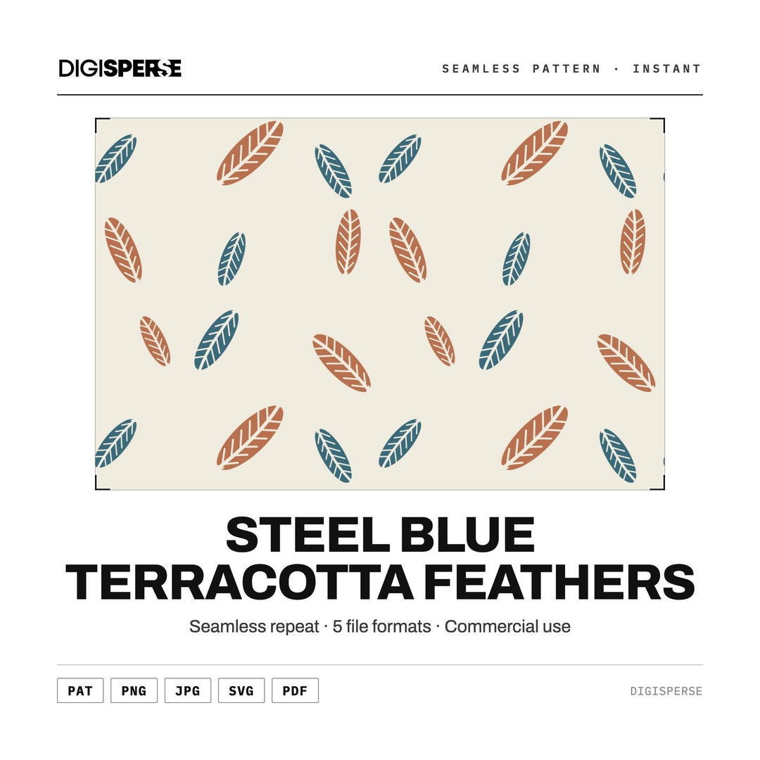 Seamless Digital Paper | Steel Blue Terracotta Feathers | Fabric Wallpaper | PNG SVG PDF