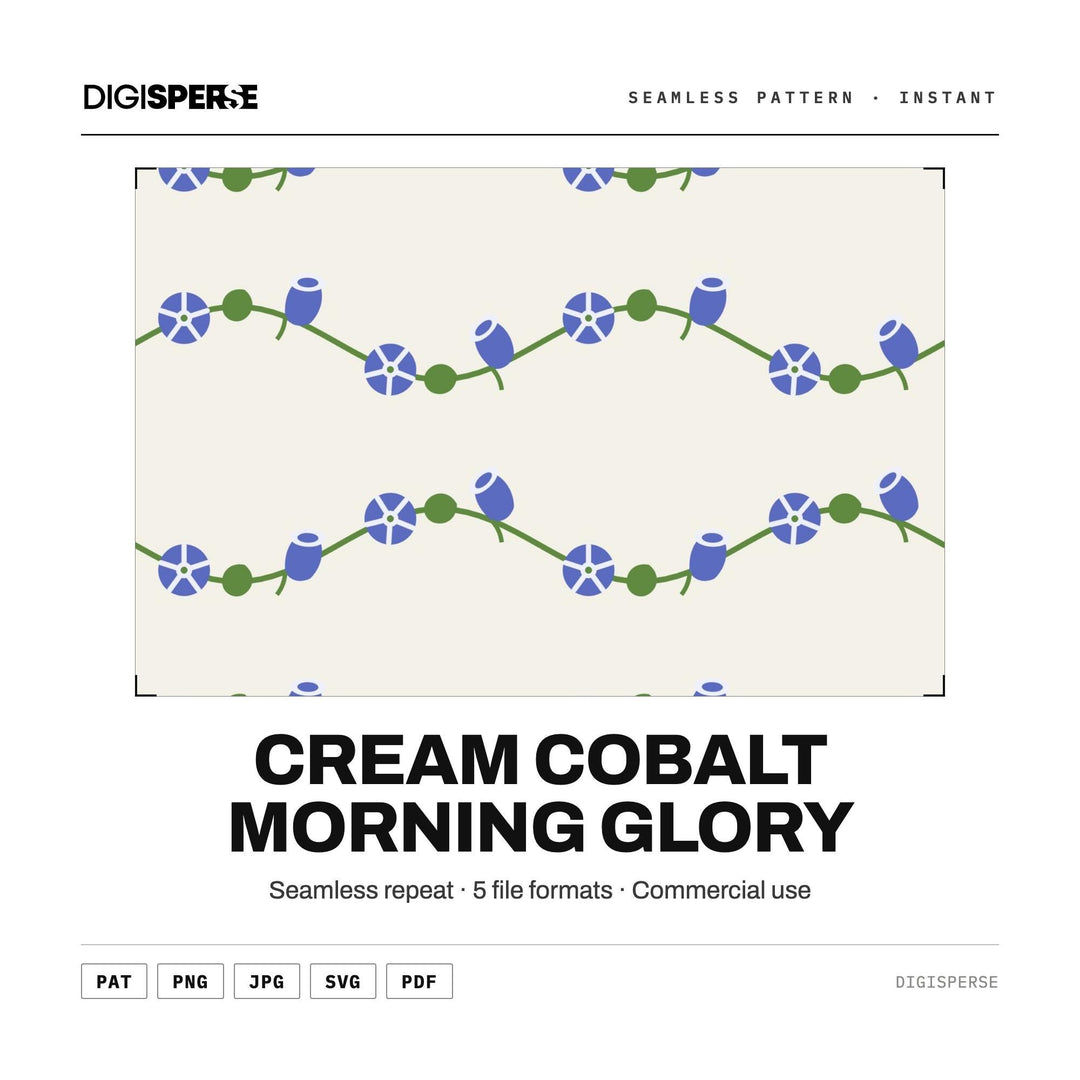 Seamless Digital Paper | Cream Cobalt Morning Glory | Fabric Wallpaper | PNG SVG PDF