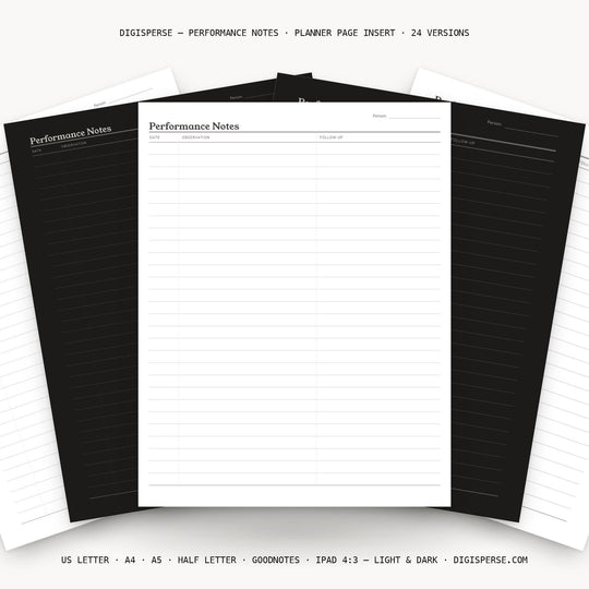 Performance Notes printable planner insert — main preview