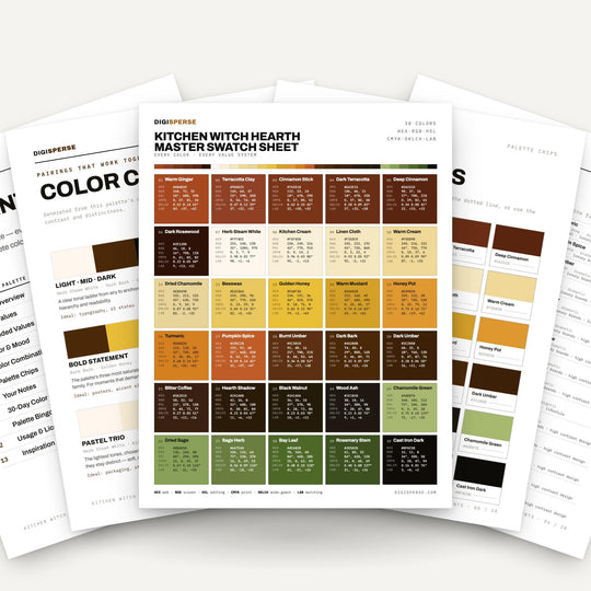 Procreate Color Palette | Kitchen Witch Hearth 30 Warm Spiced Colors with Hex RGB CMYK color palette — main preview