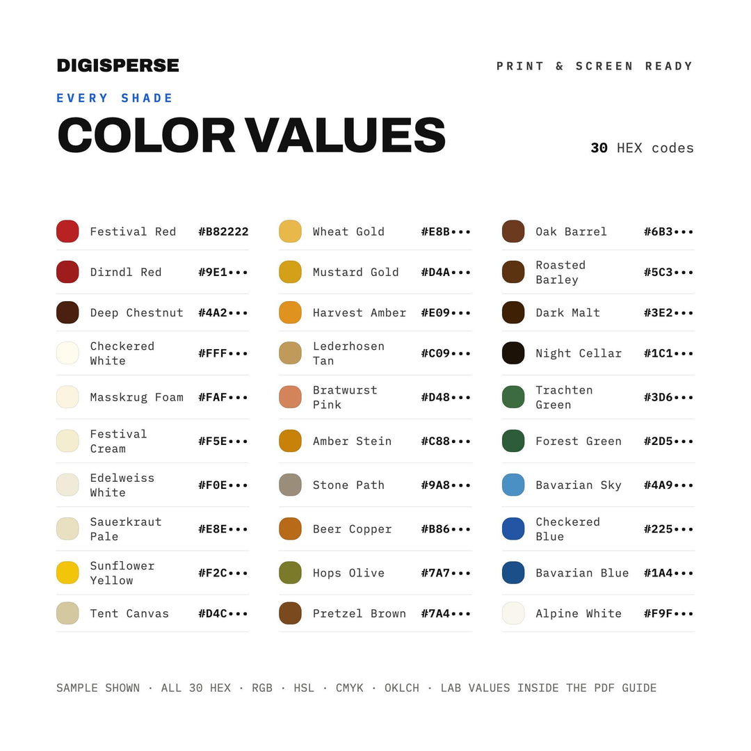 Warm Bavarian Color Palette for German Beer Fest Art and Autumn Branding, 30 Oktoberfest Amber Hues, Procreate Swatches, Hex