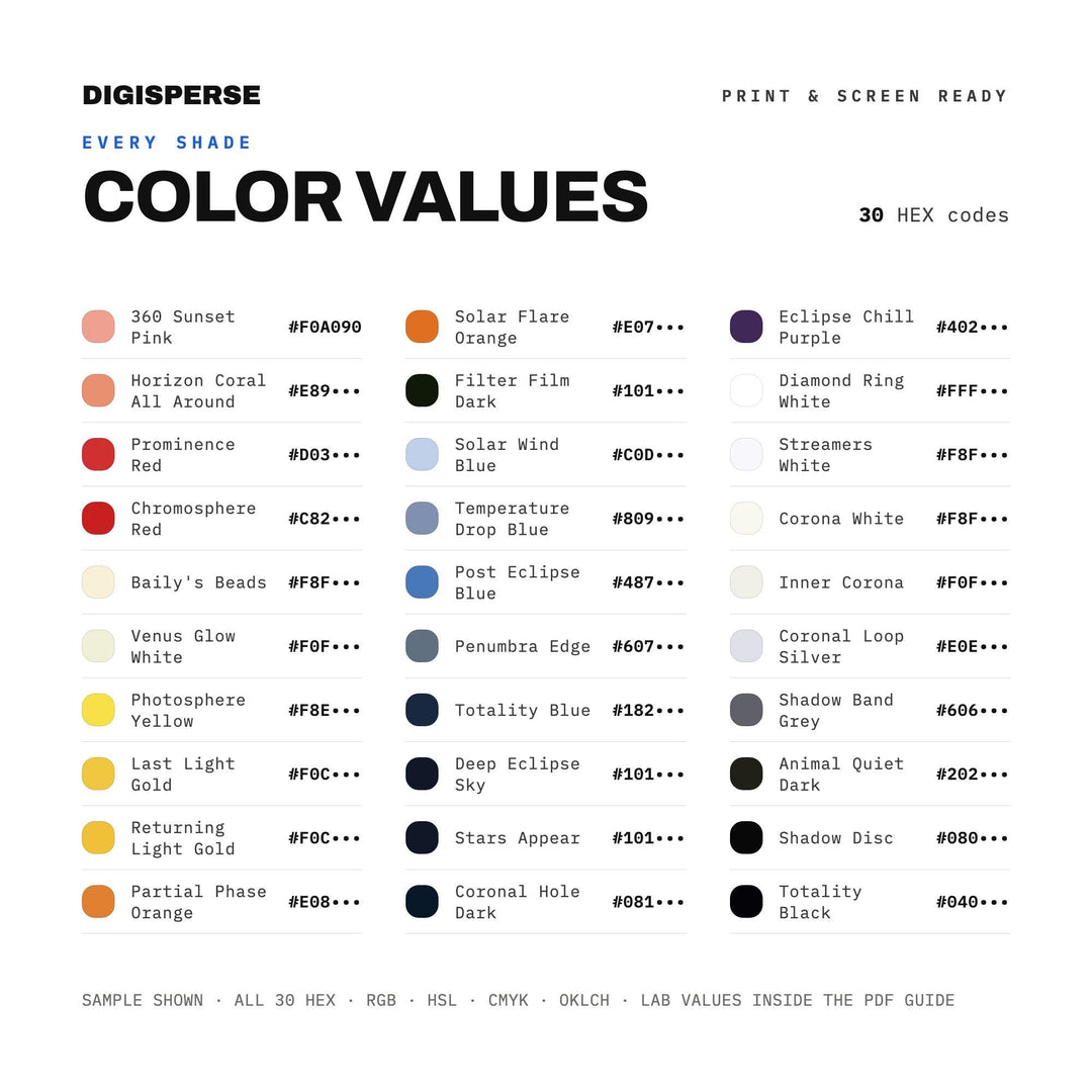Eclipse Totality Color Palette | 30 Colors | Hex RGB CMYK | Procreate Swatches + ASE | Digital Download color palette —