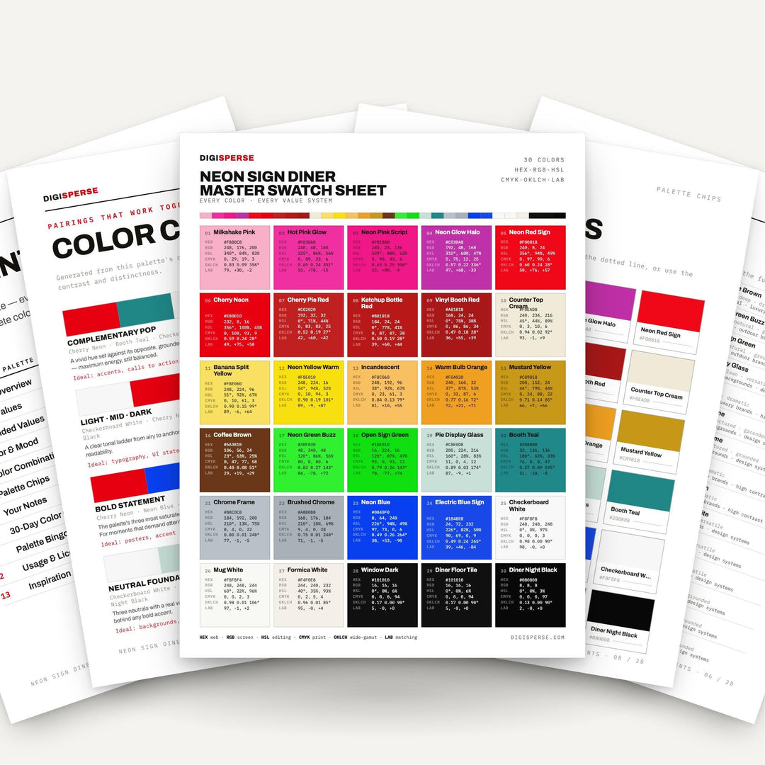 Neon Sign Diner Color Palette | 30 Colors | Hex RGB CMYK | Procreate Swatches + ASE | Digital Download color palette — main