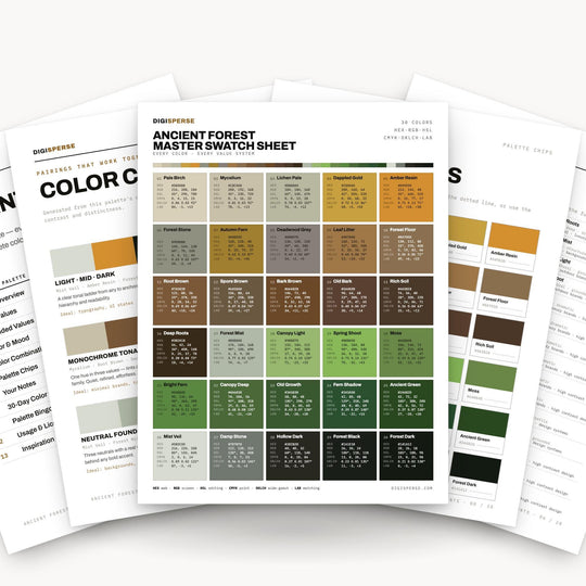 Deep Woodland Color Palette for Enchanted Forest Art and Earthy Branding, 30 Ancient Moss Green Hues, Procreate Swatches