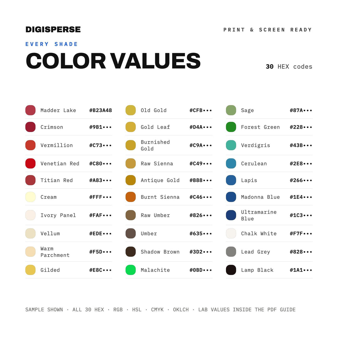 Renaissance Gold Color Palette | 30 Procreate Swatches, HEX, RGB, CMYK (Digital Download) color palette — preview image 3 of