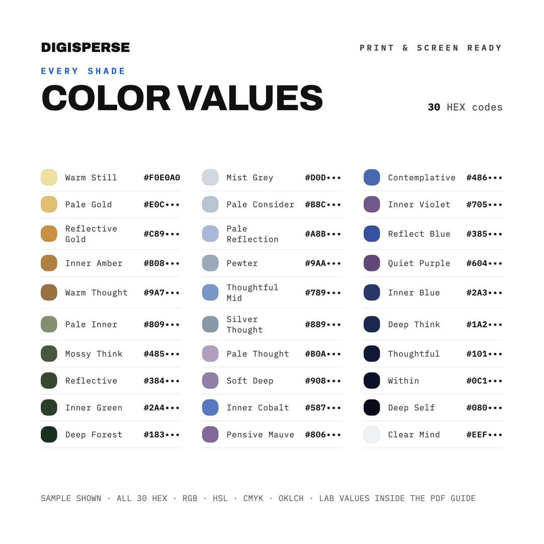 Muted Contemplative Color Palette for Mindful Journal Art and Calm Branding, 30 Introspective Hues, Procreate Swatches, Hex