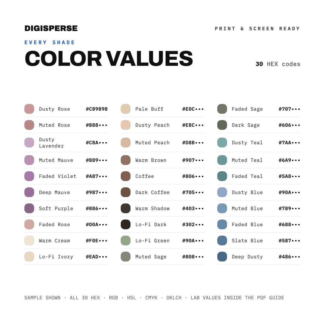 Lo-Fi Aesthetic Color Palette | 30 Colors | Hex RGB CMYK | Color Guide | Procreate Swatches + ASE | Digital Download color