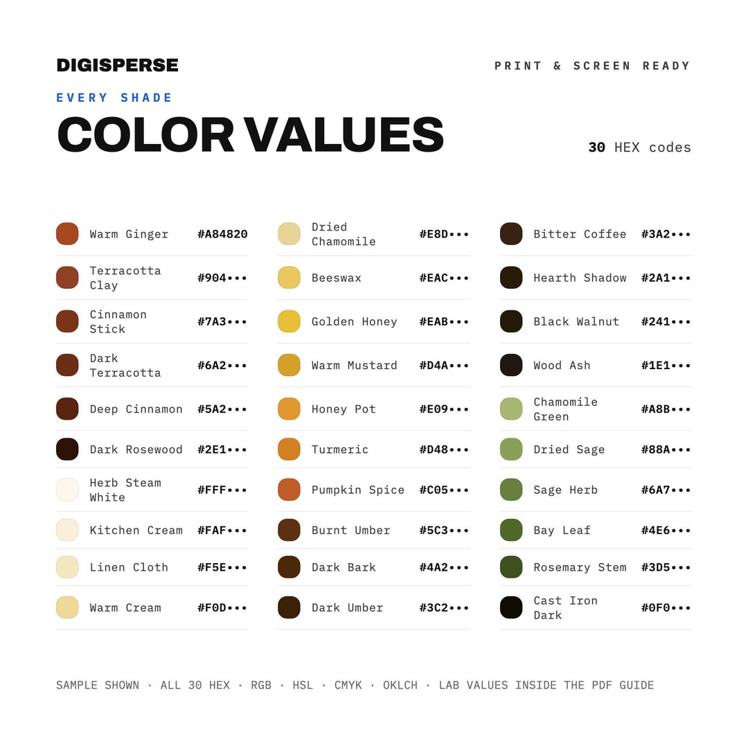 Procreate Color Palette | Kitchen Witch Hearth 30 Warm Spiced Colors with Hex RGB CMYK color palette — preview image 3 of 20