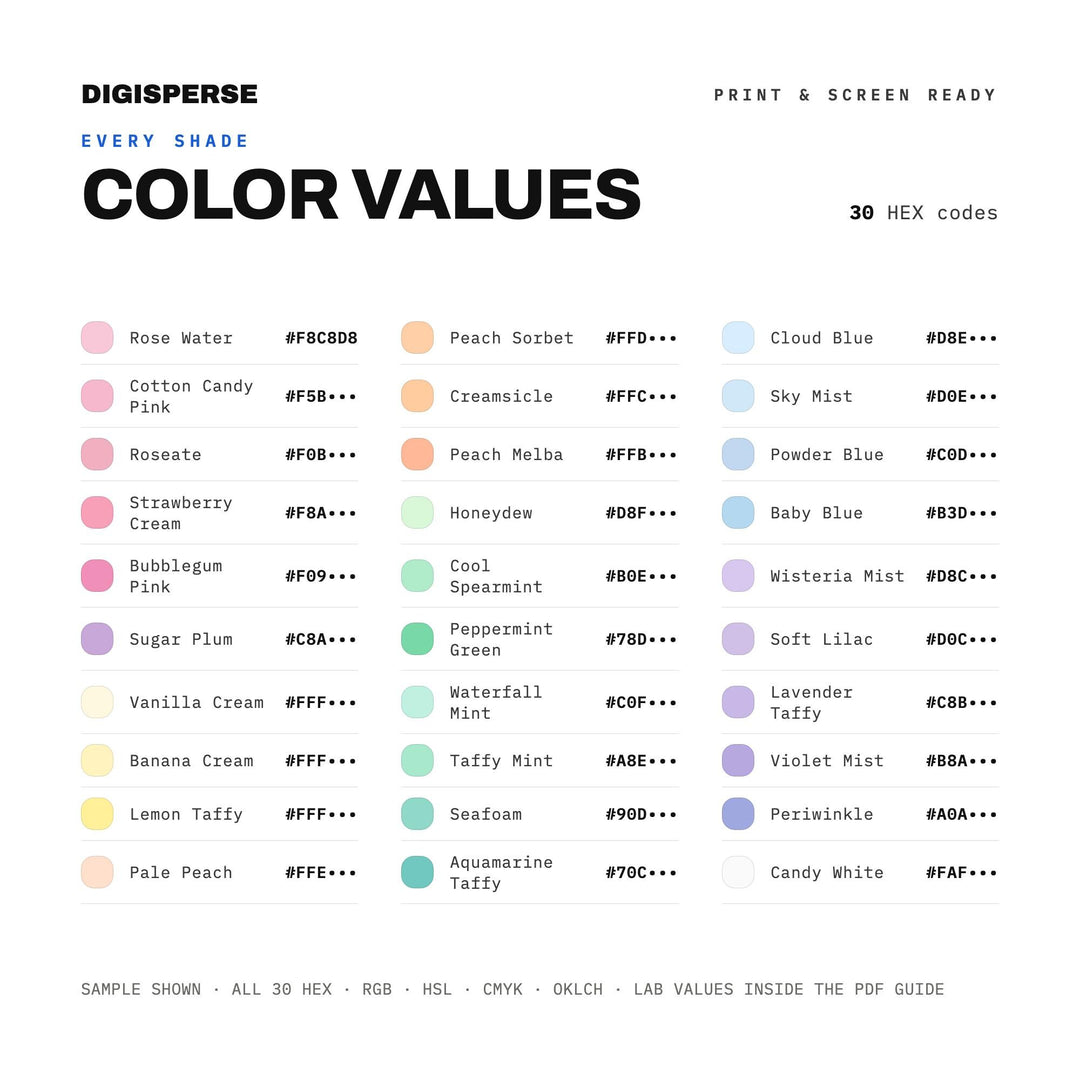 Sweet Pastel Color Palette for Beach Candy Art and Retro Seaside Branding, 30 Taffy Pink Hues, Procreate Swatches color