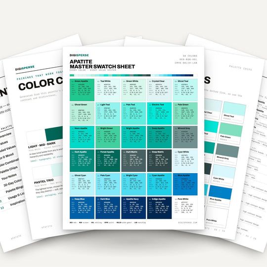 Vivid Teal Color Palette for Gemstone Art and Crystal Healing Branding, 30 Apatite Blue Hues, Procreate Swatches, Hex Codes