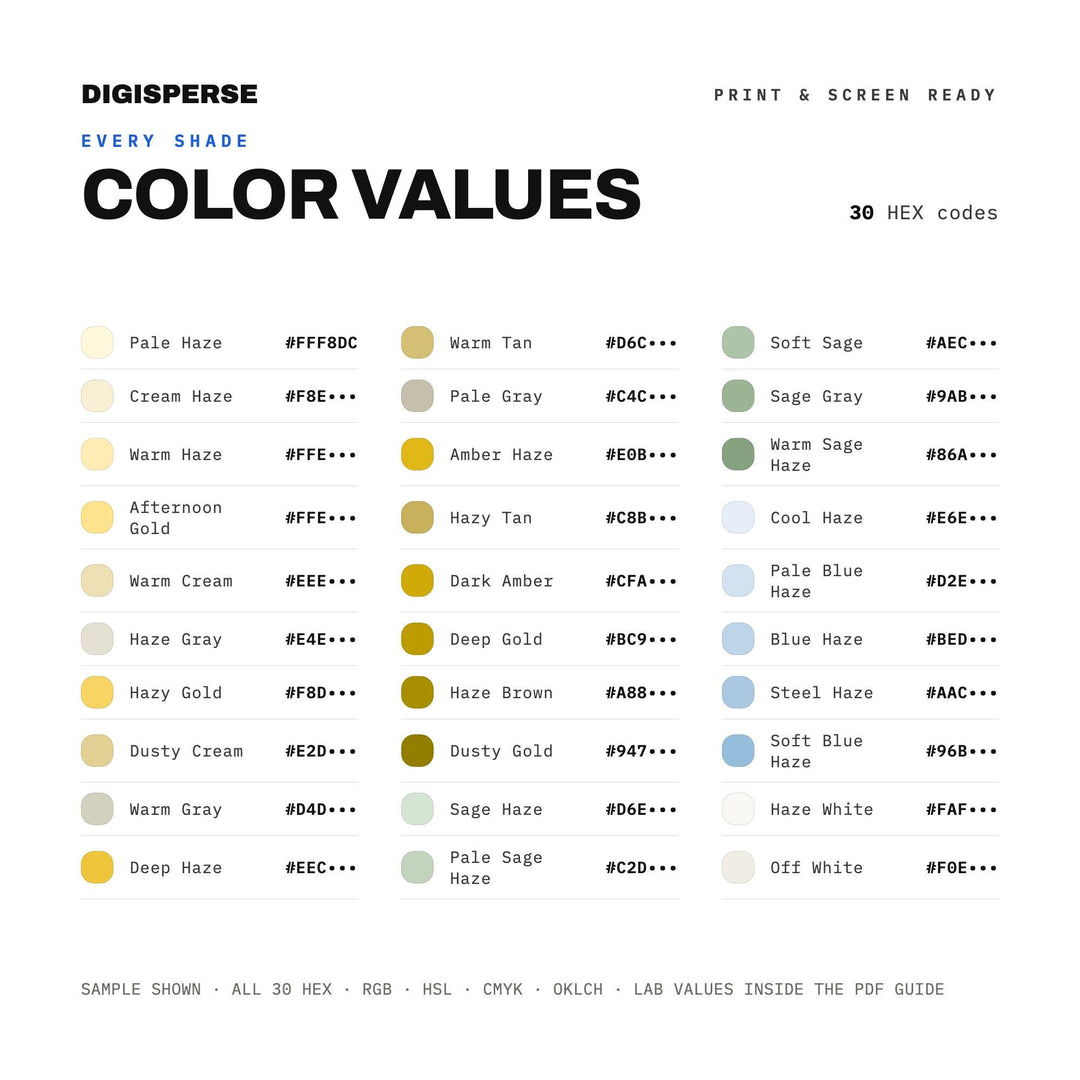 Golden Hour Color Palette for Dreamy Photography Branding and Warm Wall Art, 30 Afternoon Haze Hues, Procreate Swatches, Hex