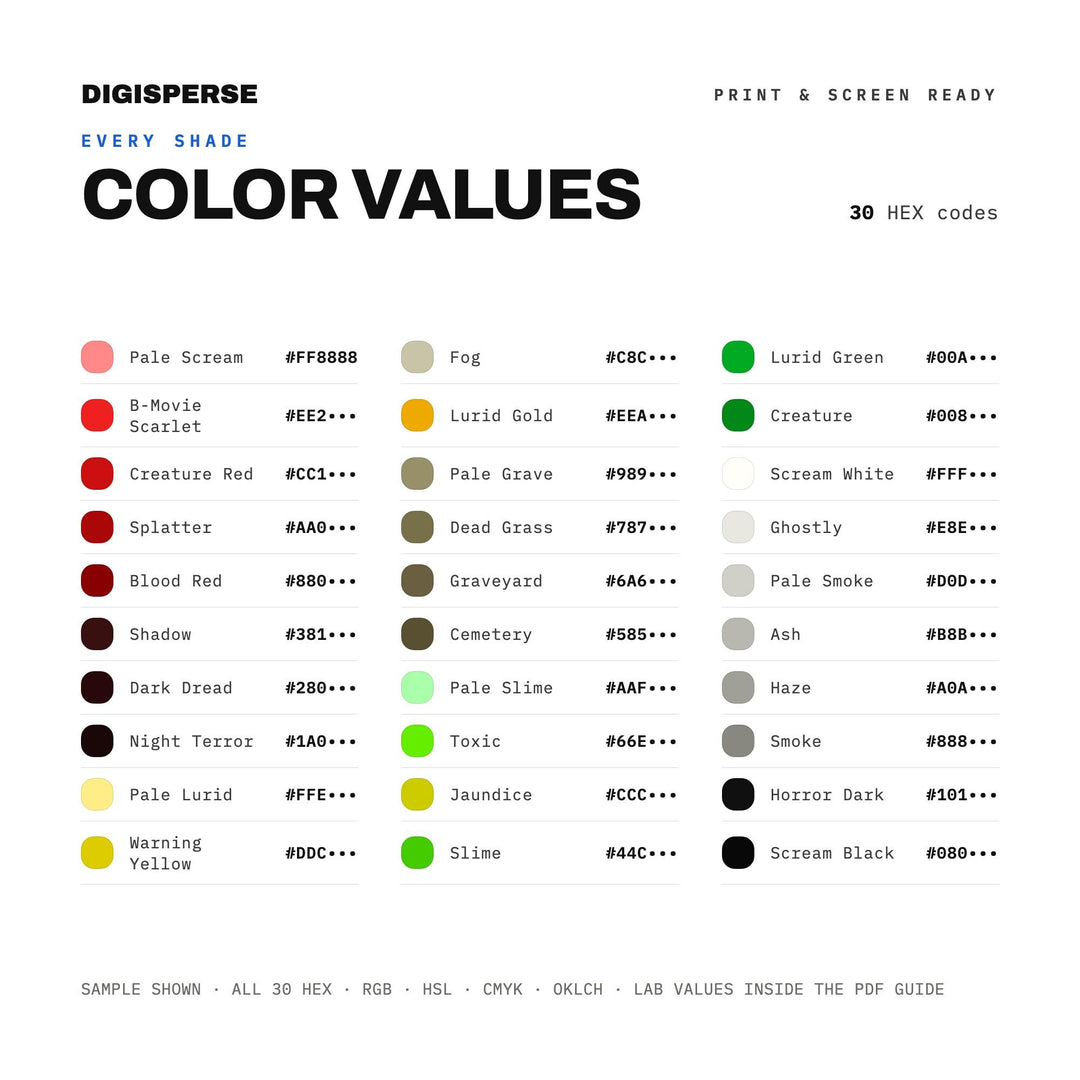 Lurid Pulp Color Palette for Retro Horror Poster Art and Cult Film Branding, 30 B Movie Hues, Procreate Swatches, Hex Codes