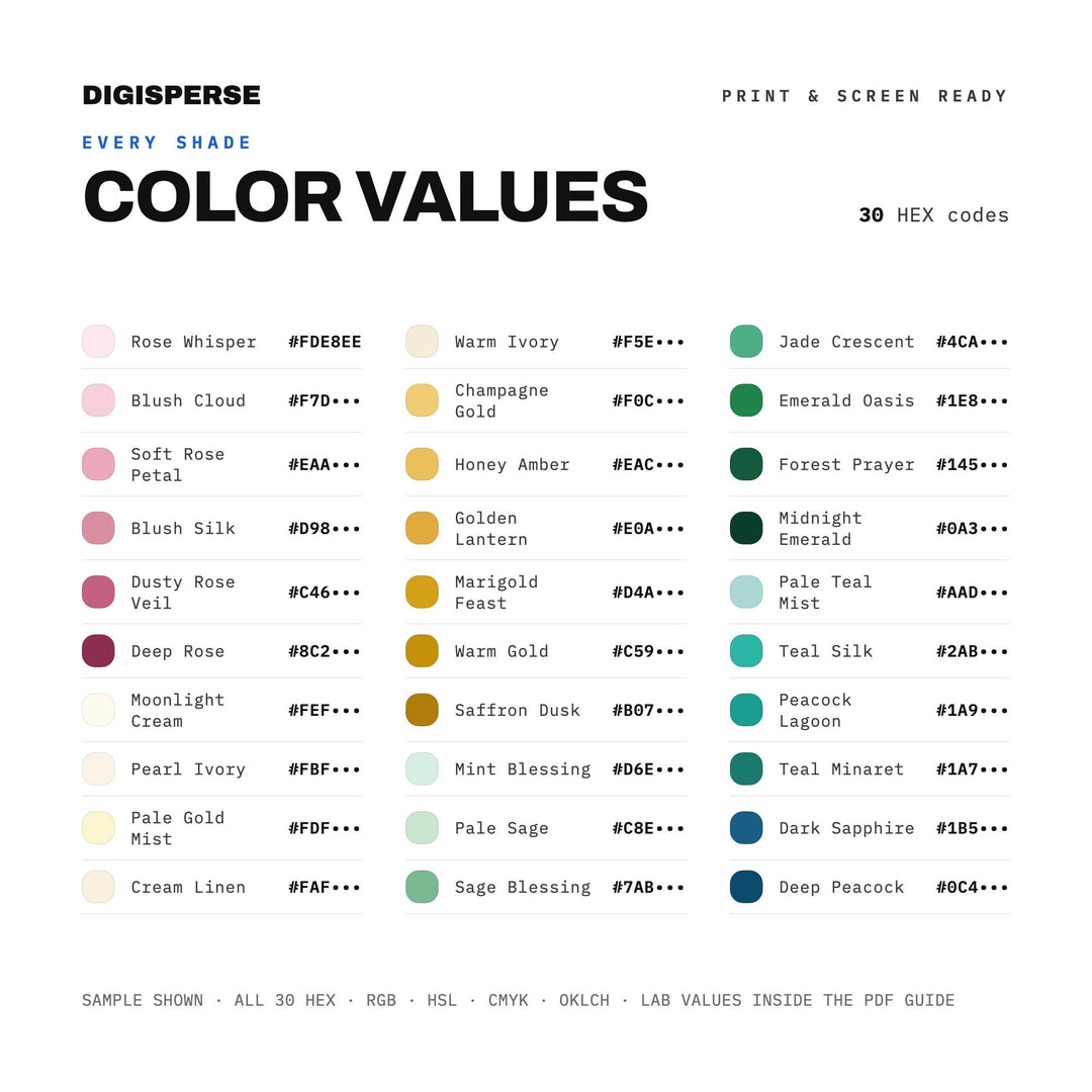 Elegant Green Gold Color Palette for Eid Celebration Art and Islamic Branding, 30 Festive Eid Hues, Procreate Swatches color