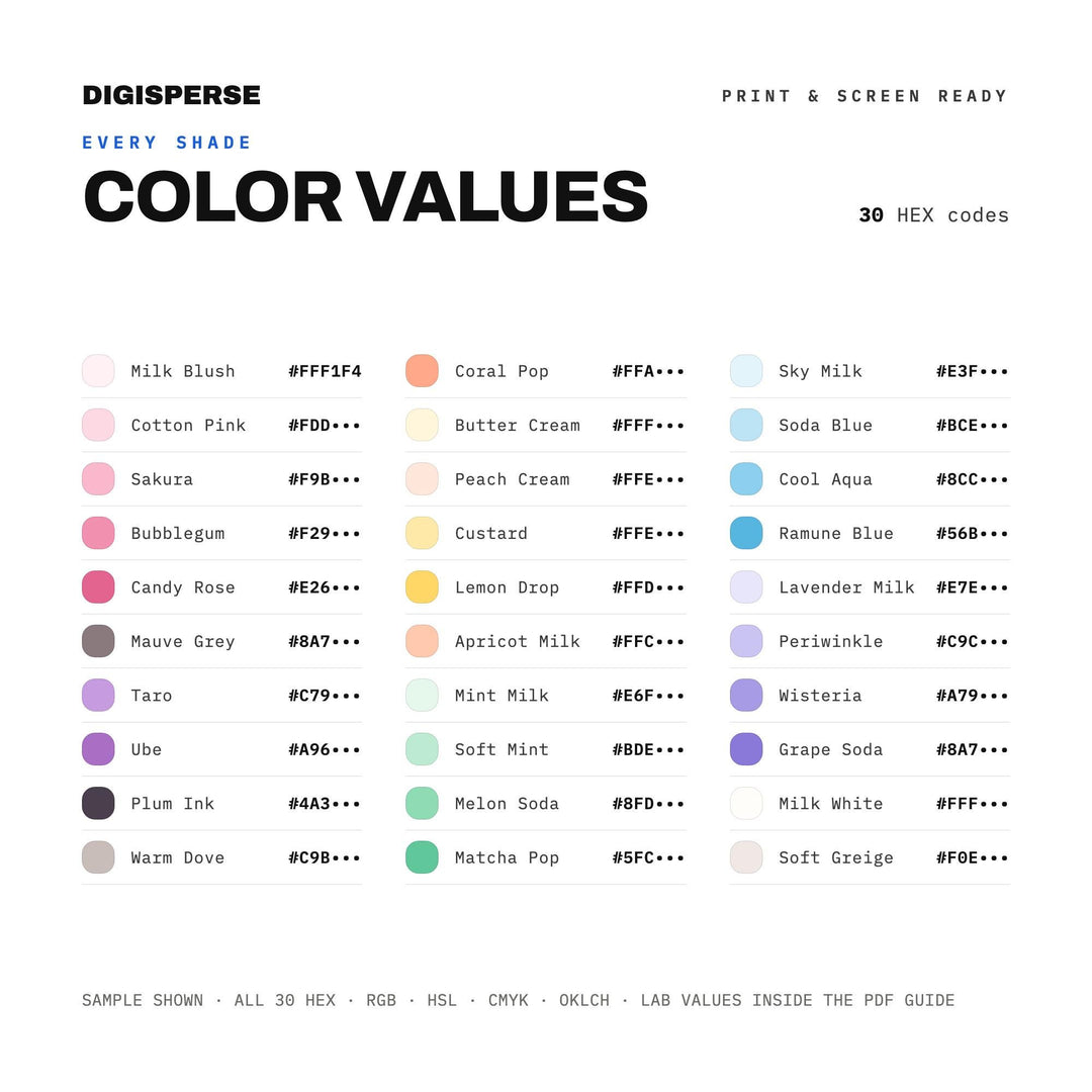 Pastel Color Palette | 30 Kawaii Cute Milky Shades | Procreate Swatches Hex RGB CMYK color palette — preview image 3 of 20